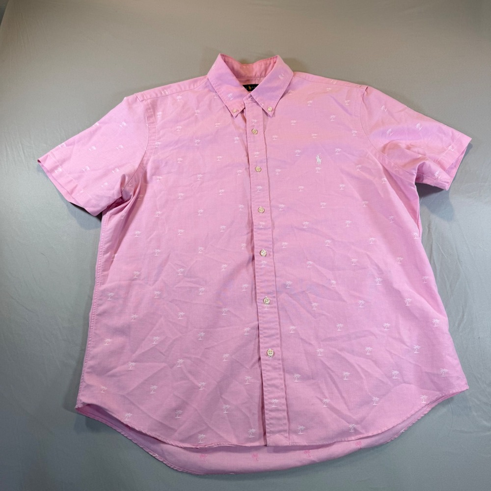 Ralph‎ Lauren Mens XL Pink Palm Tree Embroidered Oxford Short Sleeve Shirt 1217